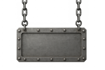 Metal plate hanging from chains with transparent background, ideal for adding custom text or images