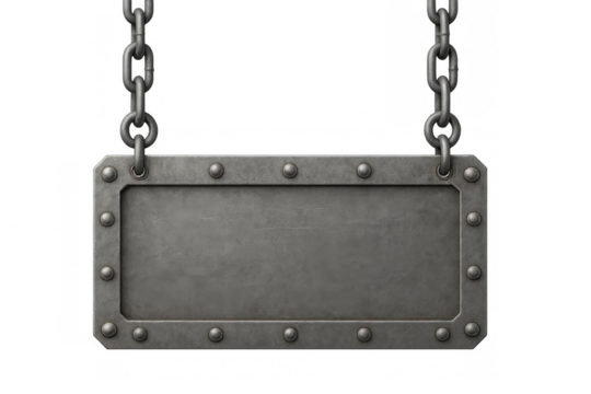 Metal plate hanging from chains with transparent background, ideal for adding custom text or images