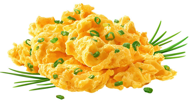 Fluffy scrambled eggs garnished with chives isolated on transparent background 
