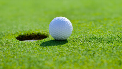 Close-up golf ball at the hole with green grass background 