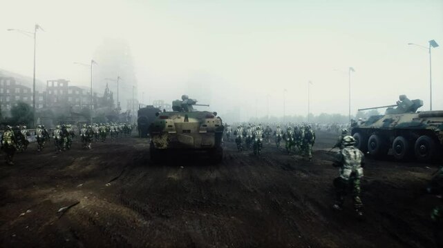 armored infantry vehicles with soldiers in in a ruined city.