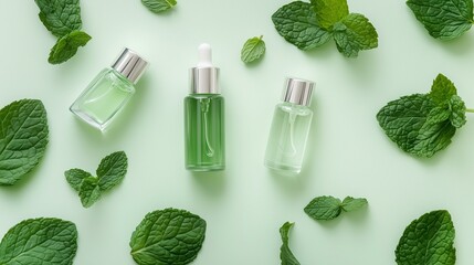 Refillable Cosmetic Bottles Flatlay with Green Liquid and Mint Leaves