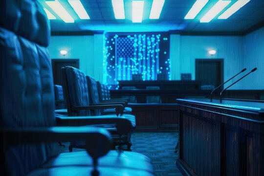 courtroom evidence video glitching to reveal fabricated crime scene blue static on glitch .