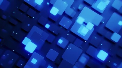 Abstract animation of glowing blue squares floating and pulsating on a dark background