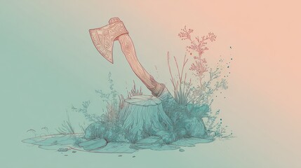 Detailed illustration of an axe head and handle resting on a stump surrounded by stylized grass and flowers.  Soft pastel colors