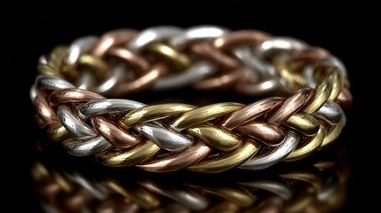 Tricolor Italian wedding band rose white yellow gold combination braided design realistic close up symbolic ring style