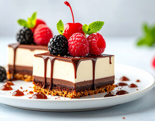 Gourmet Chocolate Raspberry Cheesecake Squares with Cherry and Mint Garnish