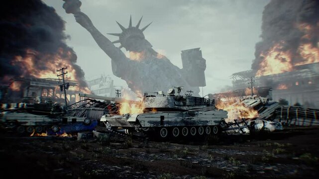 American burning battle tank. apocalyptic. burning city Moscow. Armageddon. 4k animation.
