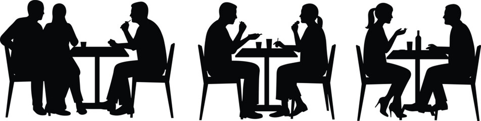 Silhouettes of people dining in restaurant, couples eating, drinking, talking, social interaction at table, romantic dinner, food, drink.
