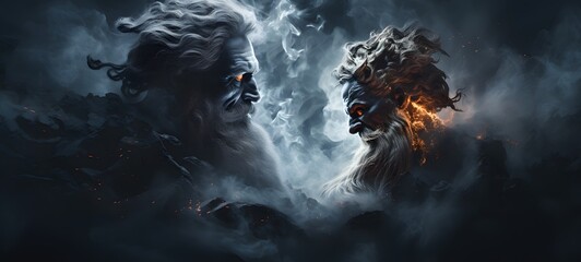a light Hades Vs Zeus , coming out of the smoke,ai generative