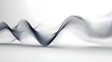 Fototapeta premium An abstract rendered design features a flowing, undulating wireframe mesh structure with subtle grayscale gradients against a clean, minimalist white background.