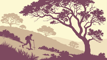 Serene Silhouette: Hiker Ascending Hillside, Vintage Tones, Peaceful Landscape Illustration