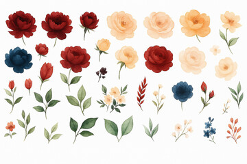 Set of watercolor arrangements featuring garden roses &mdash; a collection of pink flowers, leaves, and branches. Botanical illustrations isolated on a white background.