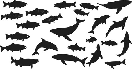 Silhouette set of marine animals including fish, whales, dolphins, and sharks, perfect for ocean, aquatic, wildlife, and sea designs.