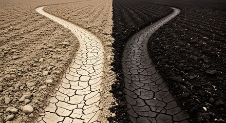 Fork in the road through cracked dry earth and fertile dark soil