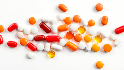 Scattered assortment of colorful pills and capsules on a white surface in a studio setting