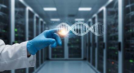 Scientist in lab coat and gloves interacts with glowing DNA helix in server room