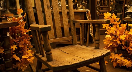 Rustic wooden rocking chair with vibrant autumn leaves, cozy fall home decor