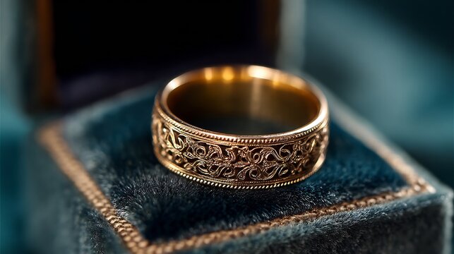 Yellow gold vintage filigree wedding band intricate engraving heritage jewelry design macro image velvet box romantic appeal