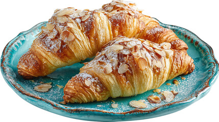 Fresh almond croissants with crumbs on vintage blue-green plate, isolated on tranparent background 