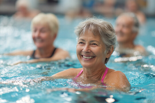 Senior woman enjoys water aerobics class in indoor pool. Healthy lifestyle, fitness, wellness marketing.