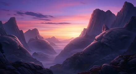Fototapeta premium Majestic mountain range at dawn with vibrant purple and orange sky and misty valleys