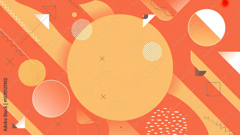 Poster an abstract backdrop with orange hues showcases dynamic triangles and circles, creating a vibrant an