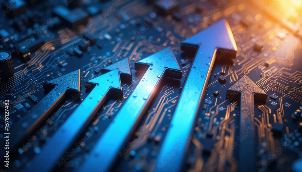 Poster technological progress: upward arrows on a detailed circuit board display