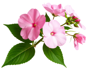 Impatiens Plant Stem with Blossoms, Buds, and Green Leaves, Side Angle Botanical Composition, Transparent PNG