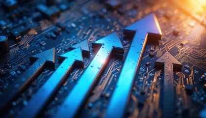 Technological Progress: Upward Arrows on a Detailed Circuit Board Display