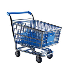 Empty Blue Shopping Cart; Chrome; 3D Render; Isolated; Black Background; Modern; Minimalist; Retail; Consumerism; Online Shopping; eCommerce; Sales; Marketing; Business