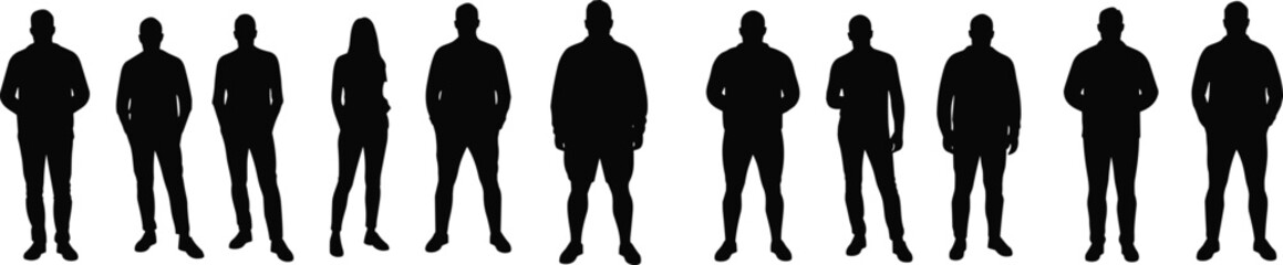 Front view black silhouette people standing in row, vector illustration for fashion, character reference, identity design, social concept visuals.