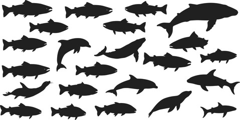 Collection of black sea animal silhouettes including fish, dolphins, whales, and seals for ocean, marine, and aquatic vector design.