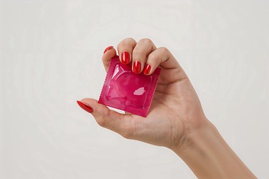 A woman's hand with red nails holding a pink condom packet against a white background in a studio