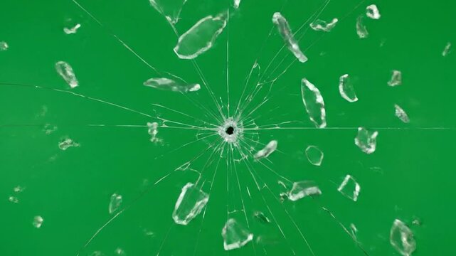 Super slow motion of gunshot through the glass, shattering against green screen background . Filmed on high speed cinema camera, 1000 fps.