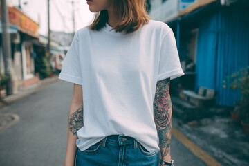 Woman in white T-shirt showcases tattoos, street scene. Mockup, design, editorial.
