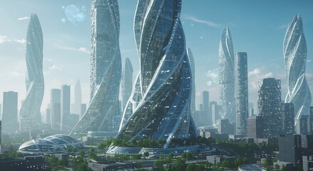 Futuristic Cityscape: Twisted Skyscrapers, Modern Architecture, Urban Design, Sci-Fi Vision.