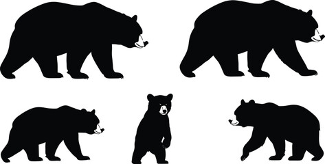 Bear silhouette vector illustration set, black wild animal pose, forest wildlife clipart, standing and walking bear design, isolated icons collection.