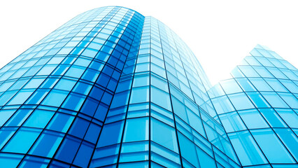 Obraz premium Low angle view of a modern blue glass building against a bright white sky with geometric shapes