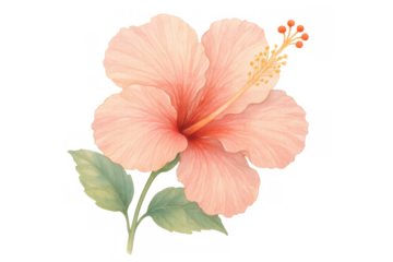 Pink hibiscus flower blooming with verdant leaves, delicately rendered in watercolor against transparent backdrop, highlighting botanical elegance