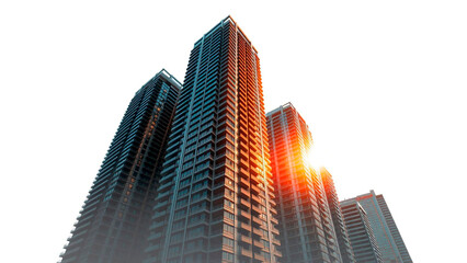 Low angle view of tall modern buildings with sunlight shining through the buildings against white sky