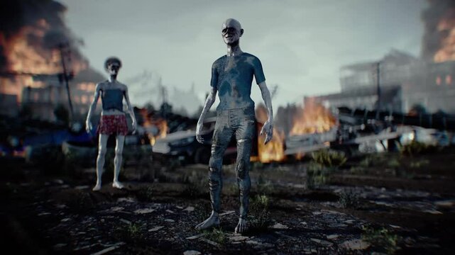 Zombie in apocalyptic burning city. Armageddon.