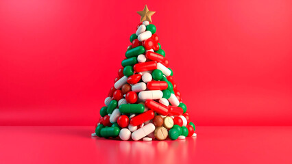 A christmas tree made of red green and white pills with a gold star on a red background in a studio