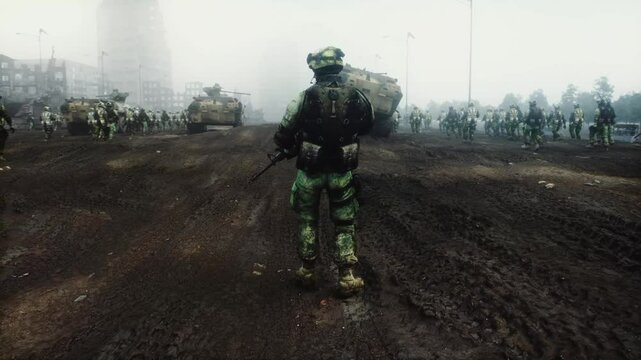 Soldier with gun in in a ruined city.