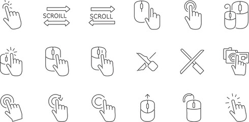
A comprehensive set of minimalist outline icons, each depicting various mouse interactions and functionalities, including clicking, scrolling, and cursor movements, 