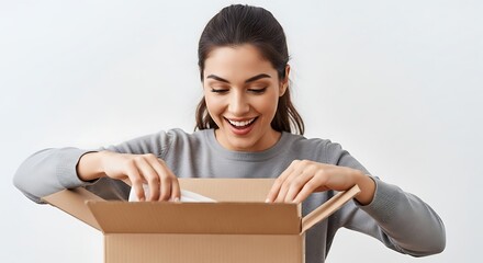 A delighted woman opening a cardboard box.
