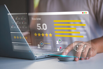 Positive feedback. User give rating to service excellent experience. Client evaluate quality of service ranking of business. Customer review satisfaction feedback survey concept. Opinion survey