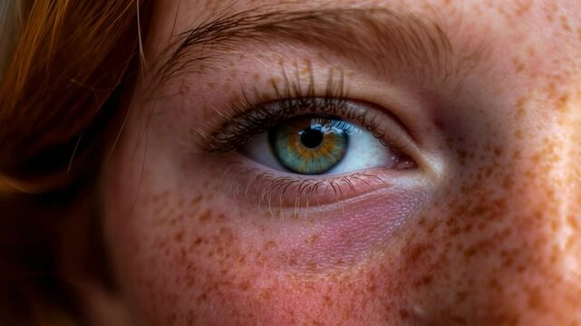 Detailed close-up of a human eye, vibrant colors, and unique freckled skin.
