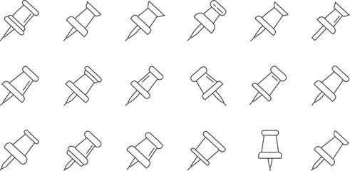 
A grid of simple and consistent outline icons, each depicting a thumbtack or pushpin from various angles, suitable for a clean and minimalist design.