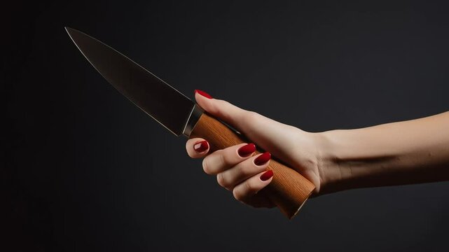 Female hand with red nails holds a sharp kitchen knife. Dark background.